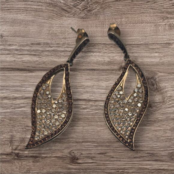 Beautiful Gold Vermeil Champagne & Brown Rhinestone Leaf Dangle 925 Earrings - Picture 1 of 4